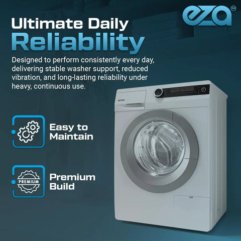 Front view of white washing machine with text on reliability and maintenance features.