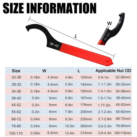 Size chart with dimensions for Nine Piece Coilover Spanner Wrench Set For Adjustable Shocks Universal Carbon Steel Wrenches.