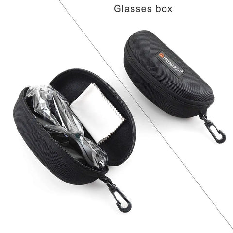 Glasses box containing Tough as Nails Laser Safety Glasses with OD 6 Plus Shielding and cleaning cloth for protection.