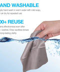 Gray microfiber cleaning cloth by SmoTecQ held in hand with water spray behind.