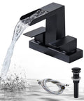 4 Inch Centerset Vanity Sink Faucet With Dual Handle Waterfall Spout Three Hole Basin Mixer Dope Matte Black Finish With Overflow Pop Up Drain Easy Install Bathroom Tap For Modern Bathrooms, showing water flow and included accessories