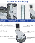 Heavy Duty Prep Table Casters With Locking Brake Set Of Four 4 Inch Expanding Stem Wheels For Commercial Kitchen And Workbench Tube Legs, close-up of locking brake and thread stem.