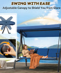 Three Seat Patio Swing With Textilene Backrest, Two Cup Holders And An Adjustable Canopy For Backyard, Porch Or Garden, Square Tube Frame In Blue, Breathable Waterproof Fabric For Cool Summer Relaxing Vibes.