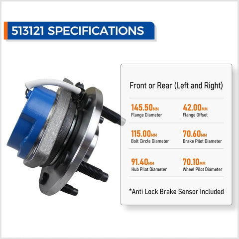 Front Wheel Hub Bearing Assembly 5 Lug With ABS Compatible With Chevy Impala Monte Carlo Cadillac, specifications displayed
