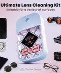 The View Optique lens cleaner spray bottle, light blue plastic container, front view.