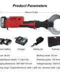 Heavy Duty Electric Hydraulic Cable Cutter with LED Display and Carrying Case for Copper Aluminum Armor Wires up to 85mm showing dimensions and accessories.