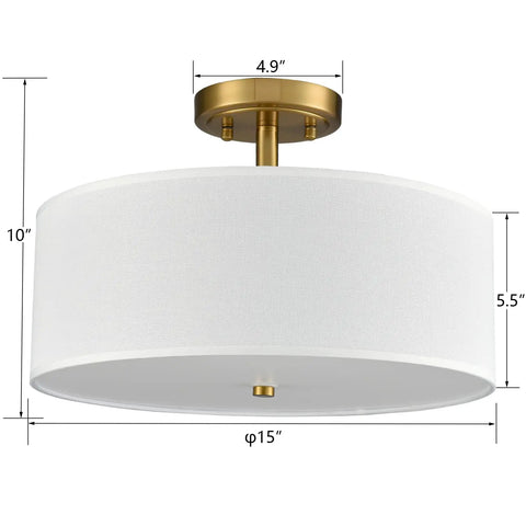 Dimmable Gold Semi Flush Mount Ceiling Light With Drum Shade, Dope 30W LED, 15 inch brass fixture with white fabric shade