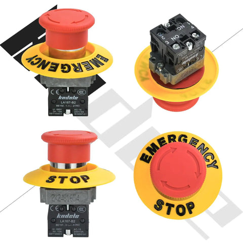 22mm Red Mushroom Emergency Stop Button Switch IP65 Waterproof SPDT With 1NO 1NC Contacts, front and side views of button.