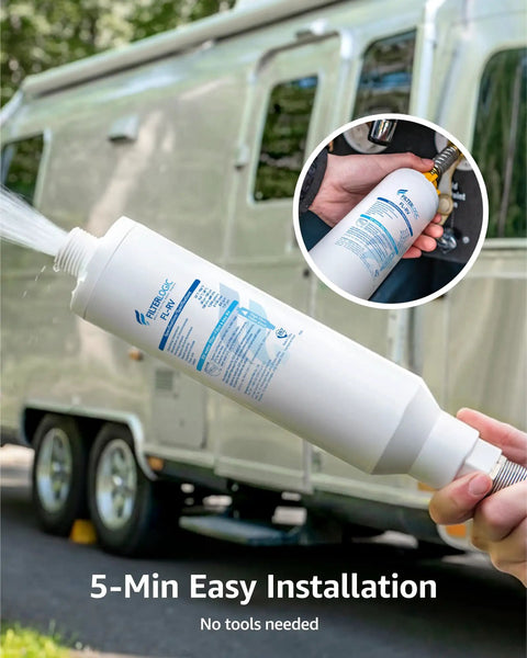 Top Shelf NSF Certified RV Inline Water Filter For Campers And Garden Hoses To Eliminate Chlorine and Funky Taste, installed onto RV spigot.
