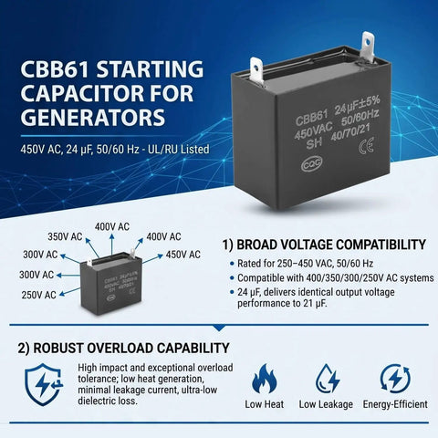 Top Shelf Heavy Duty CBB61 Style Run Capacitor 24 Microfarad 450 Volt AC Motor Starter Upgrade For Portable Generators And Diesel Engines UL Rated Rock Solid, showing a black capacitor with voltage ratings.
