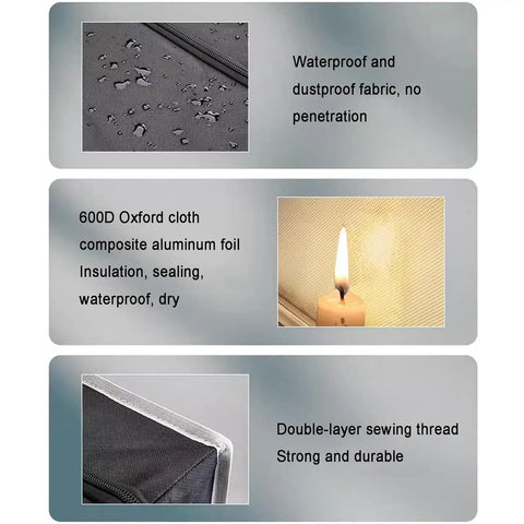 Closeup of waterproof and dustproof fabric used in 3D Printer Enclosure With Pro Grade Vent Kit And LED Light, fire and sewing detail shown.