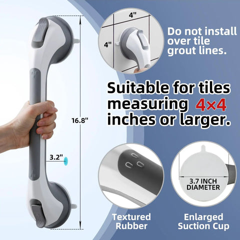 Smooth Operator Suction Shower Grab Bars For Bathtub Safety 2 Pack Strong Grip Handles No Drill Quick Install For Elderly Non Slip Bathroom Handrails Stays Firm Gray 16.8 Inch with textured rubber grip and suction specifications.