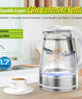 Dual Wall Cool Touch Electric Kettle With Borosilicate Glass Inner, 1.7L, 1500W Fast Boil, Cordless Hot Water Boiler.