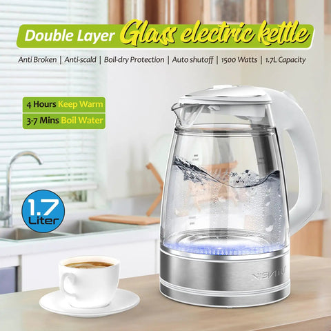 Dual Wall Cool Touch Electric Kettle With Borosilicate Glass Inner, 1.7L, 1500W Fast Boil, Cordless Hot Water Boiler.