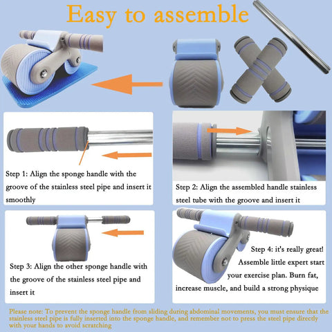 Automatic Rebound Ab Roller With Smooth Dual Wheel Action And Built In Phone Holder Plus Squishy Knee Pads For Legit Core Strength Anytime You Want To Crush It assembly instructions with sponge handles and steel pipe.