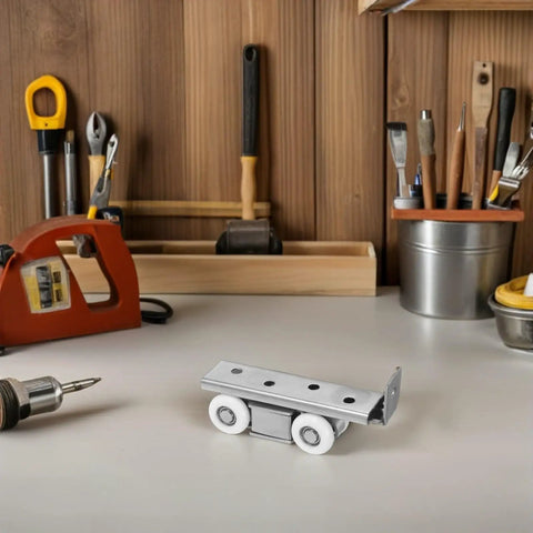 Heavy-Duty Sliding Door Track Pulley With Nylon Wheels for Silent Operation Rustproof Stainless Steel on workbench with tools.