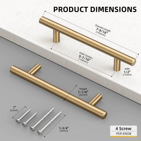 35 Pack 5 Inch Champagne Bronze Cabinet Pulls T Bar Handles Solid Stainless Steel Vintage Kitchen Drawer Knobs dimensions with screws.