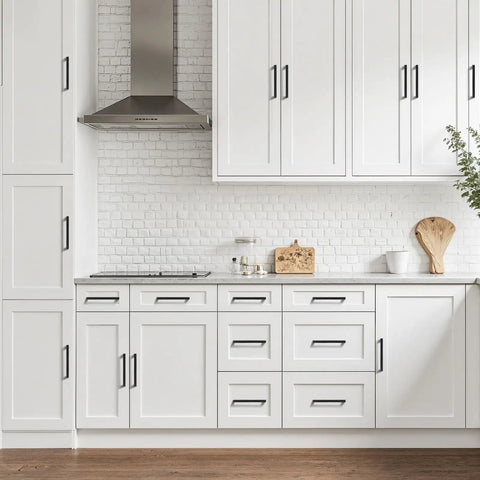 Rock Solid Flat Black Cabinet Pulls 10 Pack Stainless Steel Square Drawer Handles on modern white kitchen cabinets.