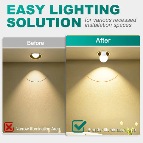E26 Socket Extender With 1.97 Inch Extension enhancing bulb reach and light spread in recessed fixture before and after comparison