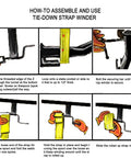 Illustrated guide for assembling Cargo Tie Down Strap Winder Roll Up For Flatbed Trailers And Trucks Up To 4 Inches Wide