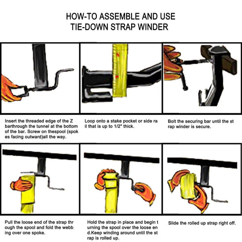 Illustrated guide for assembling Cargo Tie Down Strap Winder Roll Up For Flatbed Trailers And Trucks Up To 4 Inches Wide