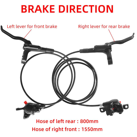 MT200 Hydraulic Disc Brake Set for Mountain Bikes, front 800mm rear 1550mm, two-piston calipers shown with brake direction.