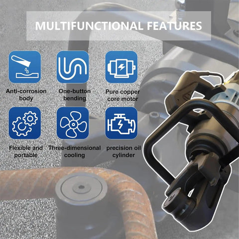 Badass Heavy Duty Handheld Electric Rebar Cutter Bender Machine With 1800 Watt Motor features multifunctional icons for steel bar shaping.