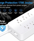 Close-up of white surge protector showing six outlets and protections, with text highlighting its 1700 joule protection features.