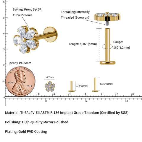 Top Shelf 16G Flower Cartilage Piercing Jewelry In ASTM F136 Titanium Hypoallergenic Flat Back Studs showing gold CZ flower design and measurements.