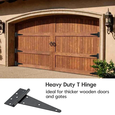 Badass 10 Inch Heavy Duty Gate Hinges 2 Pack Wrought Iron T Straps mounted on rustic wooden barn doors.