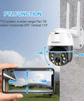 5MP PTZ WiFi Outdoor Security Camera With Color Night Vision, 2 Way Audio highlighting pan-tilt function with smartphone view.