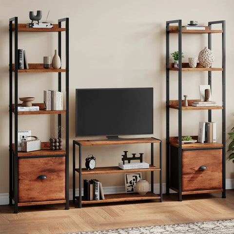 Brown Five Tier Bookshelf With Fabric Drawer And Slim Vertical Storage Rack For Tight Living Room Spaces Compact Space Savers displaying books and decor.