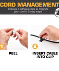 Hands demonstrating cord management with adhesive clips for Rugged Outdoor 18 Inch Ceiling Mount Fan With Dual Height Mount Options.