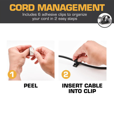 Hands demonstrating cord management with adhesive clips for Rugged Outdoor 18 Inch Ceiling Mount Fan With Dual Height Mount Options.
