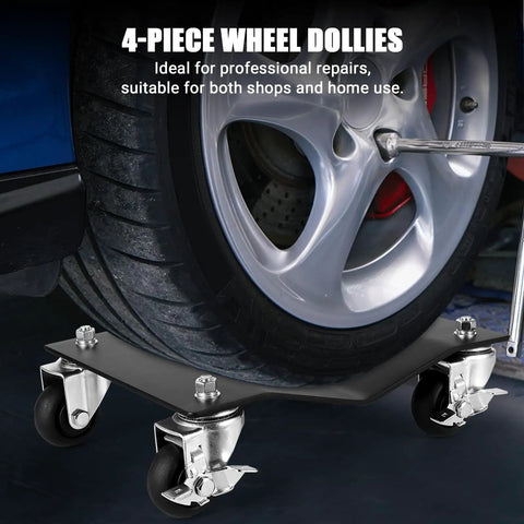 Heavy Duty Car Dolly Set Of 4 Rock Solid Steel Build With Dead Simple Locking Casters And 10000 Lbs Capacity, wheel dolly under a tire.
