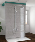 Dual Function Exposed Pipe Shower System With 8 Inch Round Rainfall Head, Brass Fixture, Two Handles, Adjustable Bar, And Polished Chrome Finish