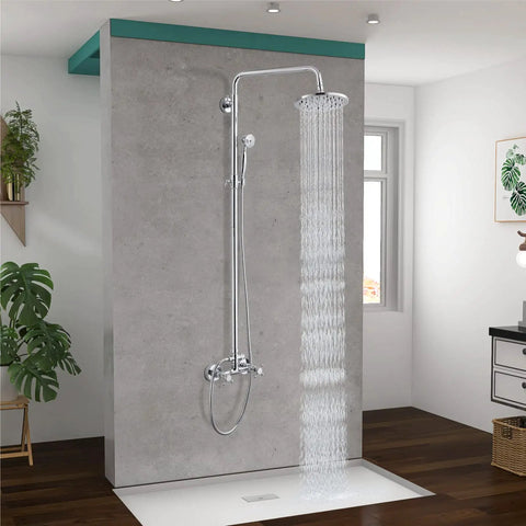 Dual Function Exposed Pipe Shower System With 8 Inch Round Rainfall Head, Brass Fixture, Two Handles, Adjustable Bar, And Polished Chrome Finish