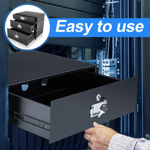 Pro Grade Heavy Duty 19 Inch Server Rack Drawers In A Complete Three Piece 2U 3U 4U Metal Set Featuring Keyed Locks And Ergonomic Grips with open drawer