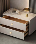 Slick Modern Brush Brass Crystal Round Ball Knobs For Dresser Drawers And Vanity Cabinets With 1 1/4 Inch Diameter in use on a sleek drawer.