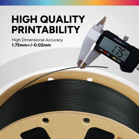 Close-up of PLA Filament 1.75mm 1kg Spool Black with caliper showing high dimensional accuracy of +/- 0.02mm