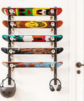 Get Your Shred Stacks Right With This Rad 6 Tier Skateboard Wall Mount Rack Cuts The Clutter By Keeping Boards Off The Floor Holds Up To Six Decks With Secure Install, displaying six colorful skateboards mounted on a wall.