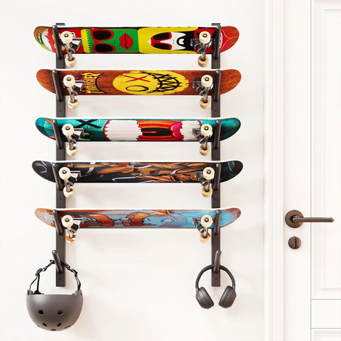 Get Your Shred Stacks Right With This Rad 6 Tier Skateboard Wall Mount Rack Cuts The Clutter By Keeping Boards Off The Floor Holds Up To Six Decks With Secure Install, displaying six colorful skateboards mounted on a wall.