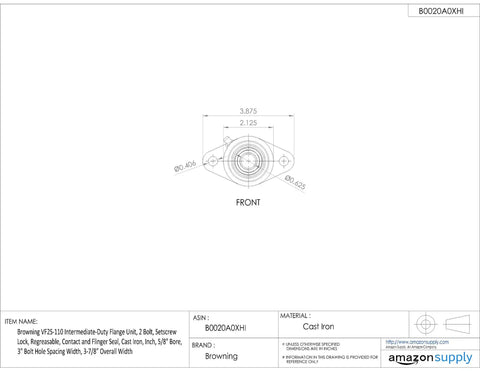 Tough As Nails Two Bolt Cast Iron Flange Unit With Regreasable Setscrew Lock and Full Coverage Seals For Dependable Power Transfer At Five Eighths Inch Bore, front view with dimensions.