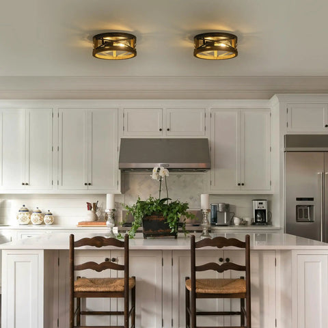 Farmhouse Round Flush Mount Ceiling Light With Wood And Black Metal Frame 2 Light Rustic Ceiling Fixture in kitchen setting