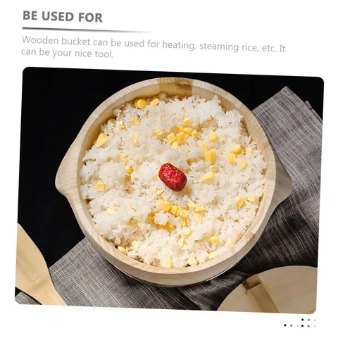 Premium Handcrafted Wood Steamed Rice Bucket With Lid, Round Beige Cask filled with rice and corn, atop a gray cloth.