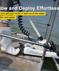 12 Volt 55 Pound Thrust Bow Mount Trolling Motor With 54 Inch Shaft Wireless Remote Variable Speed Control quick release bracket on boat.