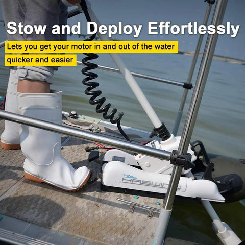 12 Volt 55 Pound Thrust Bow Mount Trolling Motor With 54 Inch Shaft Wireless Remote Variable Speed Control quick release bracket on boat.