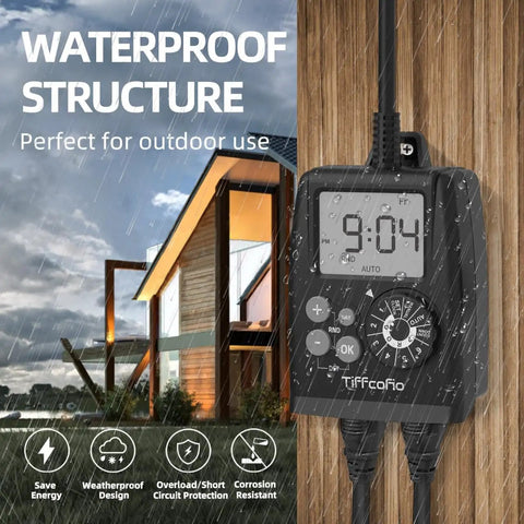 Heavy Duty Weatherproof Digital Outdoor Timer Outlet With Nifty Spin Dial For Real Simple Programming Big Bright Screen, close-up in rain.