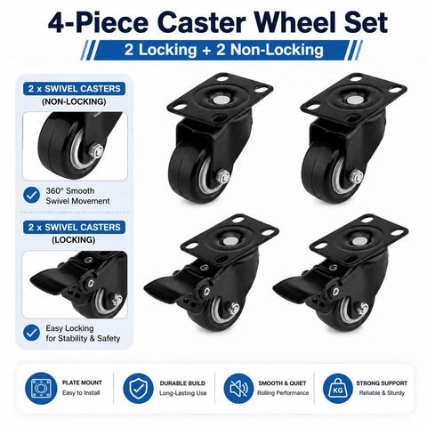 Four Piece Black Swivel Caster Wheel Set Rolls Slick And Tackles Heavy Gear With Zero Sweat Featuring Plate Mount Brackets And Two Foot Brake Locks; includes 2 locking and 2 non-locking casters.