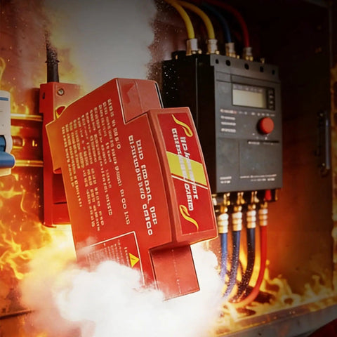 No Fear Panel Fires Auto Trigger Red Safety Gear Heat Beater Flame Nuker near circuit board with smoke and flames.